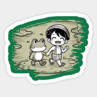 Cute Boy with Friend Frog, Tee for Kids Sticker